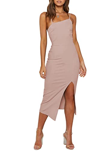 Image of OWIN Women's Adjustable Spaghetti Straps Sleeveless High Waist Split Midi Bodycon Cocktail Party Dress