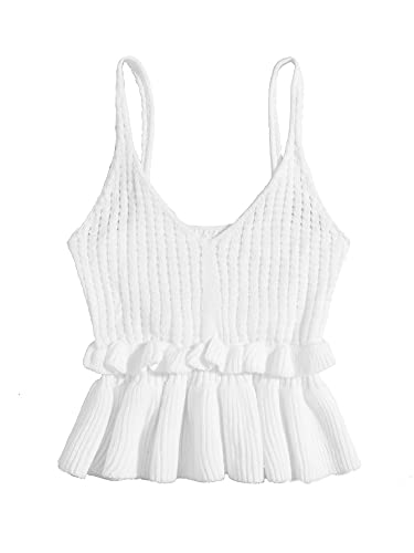 SweatyRocks Women's Casual Sleeveless Peplum Tops Ruffle Hem Cropped Knit Sweater Vests Solid White