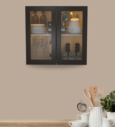 Image of SPECIALITY PANELS Aluminium Black Profile 2 Door Wall Cabinet | Brown Tinted Glass Handless Shutters | Wall Mounted Kitchen Storage Cupboard | Modern Space Saving Organizer | DIY Assembly