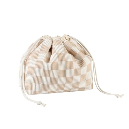 Bolsa de maquiagem acolchoada de algodão com cordão e forro de lona, bolsa de higiene pessoal fofa de viagem Coquette, bolsa de presente com cordão para mulheres e meninas, Xadrez bege 19