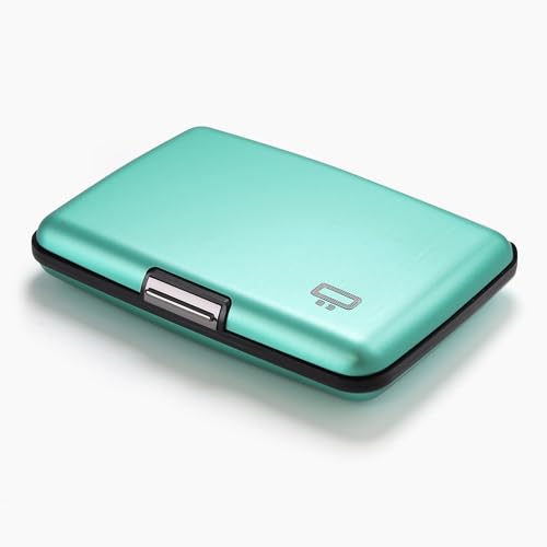 Image of OGON -DESIGNS- Aluminum card holder, RFID protection against fraud and demagnetization, compact wallet, Smart Case STOCKHOLM model (Aluminum Turquoise, Extra-secure lock)