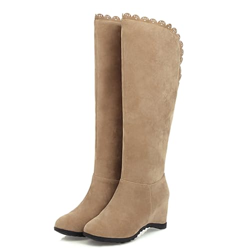 Asterisco Women Wedge Heel Knee High Boots Rivets Mid Heel Boot Round Toe Slip On Winter Boots, Size 3-102