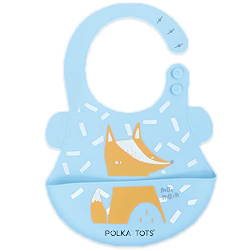 Polka Tots Waterproof Silicone Bibs with Pocket and Adjustable Snaps Fox - Sky Blue, M