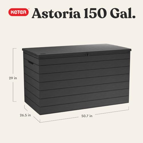 Image of Keter Astoria 150 Gal Outdoor Storage Box for Patio and Pool Accessories | Grey, Resin, Large, Weatherproof, Lockable, Hydraulic Pistons, Easy Assembly, Organization, Patio Cushions Storage