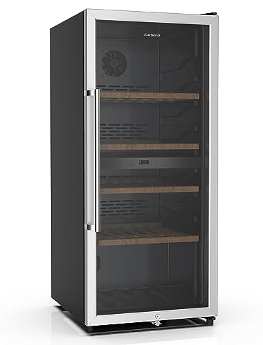 Corberó CFKWC91SWDZ Weinkühlschrank 200L, 91 Flaschen, statisch mit Ventilator, schwarze Glastür, Doppelzone, LED-Licht, 4 Holzböden, 45 dB, Energieeffizienz G,