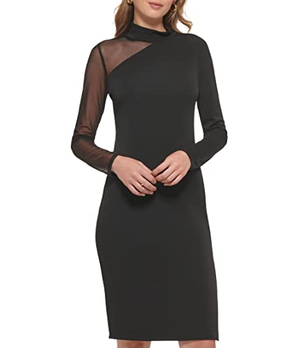 DKNY Long Sleeve Mock Neck Mesh Shoulder Maxi Dress