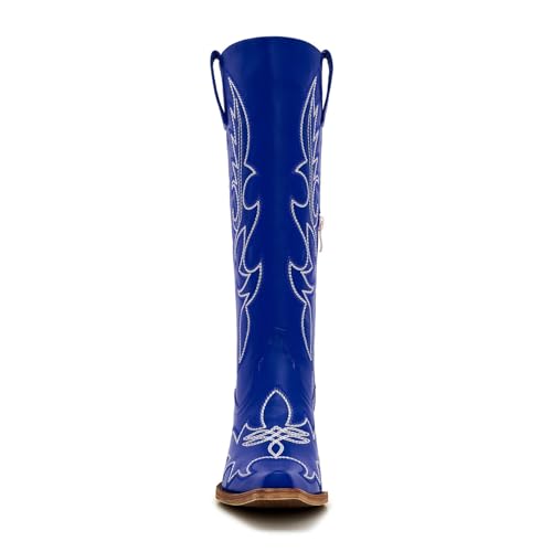 Image of Uillnoodu Women's Turquoise Cowgirl Boots - Wide Calf Mid Calf Western Boots Plus Size Embroidered Cowboy Style with Block Heel