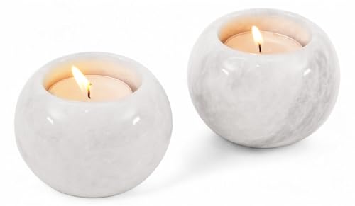 SPESHSTONES Marble Tealight Candle Holder 3.5 Inch White Gifts, Stone Holders for Votive Candles & Small Tea Lights Set of 2 for Birthday, Wedding Decorations & Dining Table Centerpiece