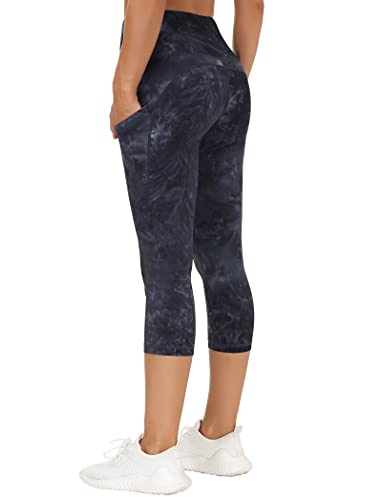 Image of THE GYM PEOPLE Thick High Waist Capris Yoga Pants with Pockets, Tummy Control Workout Running Yoga Leggings for Women