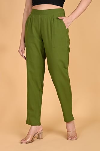 Image of Women's Solid Straight Fit 100% Cotton Trousers | High Waist, Side Pockets, Ankle Length Pants for Office, Casual