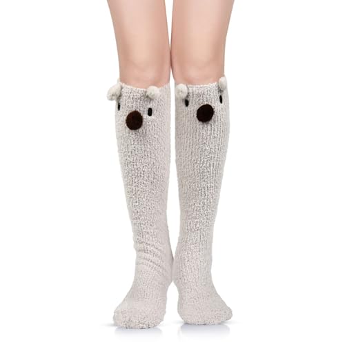 Image of Benefeet Sox Girls Cute Animal Fuzzy Knee High Socks Womens Funny Striped Cozy Winter Warm FluffyThigh High Socks Leg Warmers