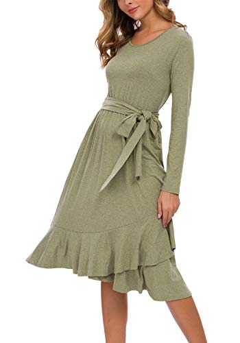 levaca Womens Long Sleeve Flowy Modest Midi Work Casual Belt Dress Army Green L
