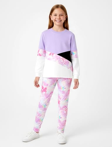 Image of PATPAT Girls 2 Piece Outfits Size 11-12 Years, Purple Unicorn Color Block Sweatshirts and Leggings Clothing Sets Sweatsuit Fall Outfits Joggers Lounge Set Tracksuit Preppy Clothes for Girls