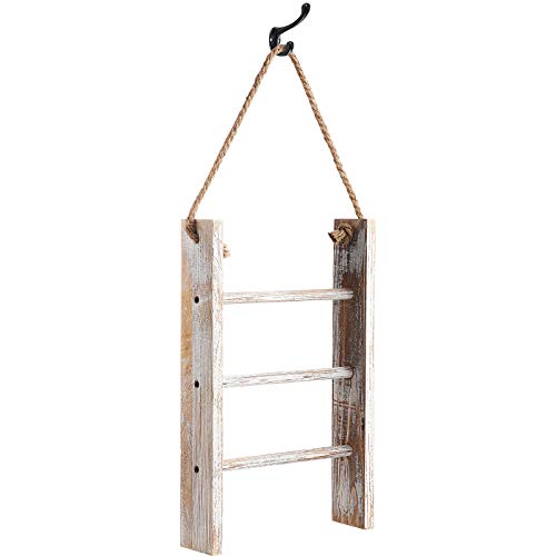 Patelai 3-Tier Mini Wall-Hanging Hand Towel Ladder with Rope Decorative Wooden Bathroom Towel Rack Ladder and Hook for Farmhouse Room Decor (Wood Color, White)