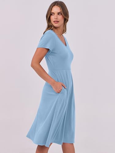 Image of ANRABESS Women Summer Dress Casual Short Sleeve V Neck A-Line Knee Length Pleated Flowy 2026 Fashion Midi Dresses with Pocket