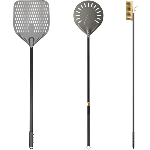 G.a HOMEFAVOR 12 zoll Perforiert Pizzaschieber 9 zoll Pizzaschaufel asus Hart Eloxiertem Aluminium, Pizzaofenbürste mit abnehmbarem langem Griff für Ofen BBQ Grill, Gesamtlänge 120 cm auf Deutsch
