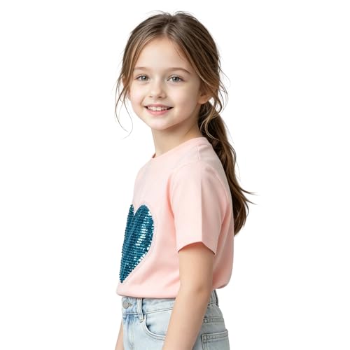 Image of LittleSpring Girls Short Sleeve Tshirt Heart Shaped Sequin Tees