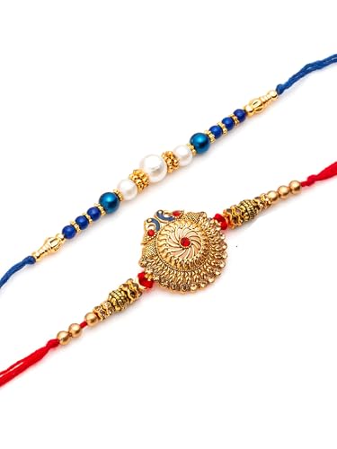 Image of CraftVatika Premium Rakhi Gift Brother | Rakhi for Brother with Gift Silver Gold Plated Bowl Set | Handmade Beads Metal Peacock for Men Boy Bro /Bhaiya /Bhai (2 Rakhi with Double Bowl) (Silver Gold)