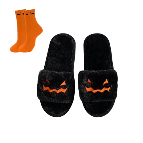 Spooky Halloween Slippers - Soft Fuzz Open Toe Slides for Women, Men & Kids - Goth, Pumpkin & Bat Designs