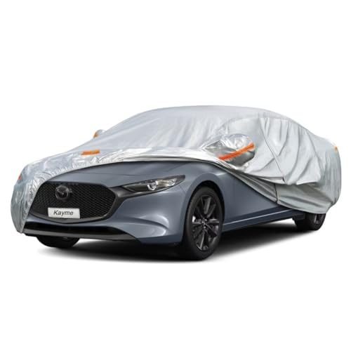 Kayme Sedan Car Cover Fit for Mazda3 (2003-2019) Automobiles All Weather Waterproof, Outdoor Cover Sun Rain Protection, with Lock and Zipper Door.Silv