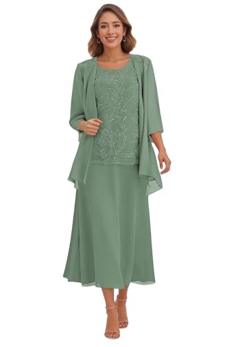 Eucalyptus Grandmother of The Bride Dresses with Jackets 3/4 Sleeve Formal Dress for Women Plus Size 3 Pieces A Line Mother of The Groom Dresses Tea Length US24 Plus