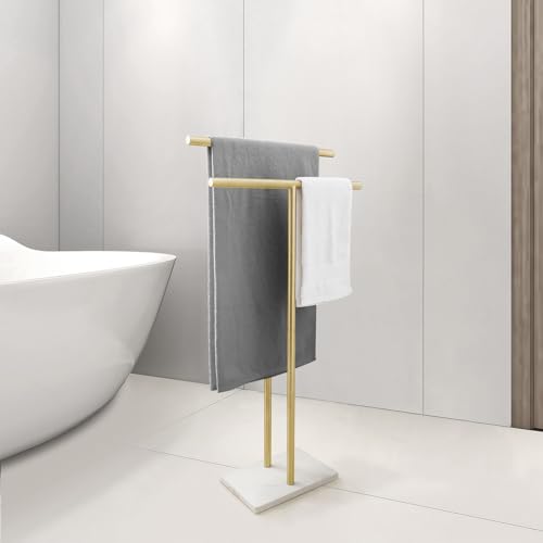 40-Inch-Standing-Towel-Rack-for-Bathroom-Floor-Double-T-Shape-Bath-Sheet-Holder-with-Marble-Design-Base-Towel-Rack-Freestanding-Next-to-Tub-or-Shower-Towel-Holder-Stand-SUS304-Brushed-Gold