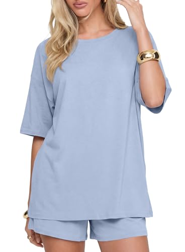 Image of Darong Women's 2 Piece Shorts Set Loungewear | oversized tshirts,crew neck top,drawstring shorts,elastic waist, side pockets,summer travel outfits
