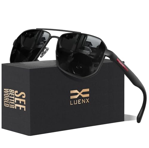 LUENX Aviator Sunglasses for Men Square Polarized Polygon Lens - UV 400 Protection with Accessories Driving Outdoor 61MM Black Lens