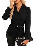 Happy Sailed Blazers for Women Formal Professional Lapel Collar Long Sleeve Casual Fitted Work Suit Belted Cardigan Coats Black Medium