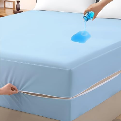 Image of Zipper Closure Style Mattress Protector Single Size 100% Waterproof Six-Sided Mattress Encasement for Bed 48x75 Inch Fit On 6 Inch 4X6.3 Feet Light Blue