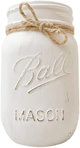White - Hand Painted and Distressed Mason Jar, Pint 16 oz. Regular Mouth Rustic Farmhouse Style Mason Jar, White Mason Jars, White Vase Mason Jars, White Mason Jars for Centerpieces, Painted Mason Jar