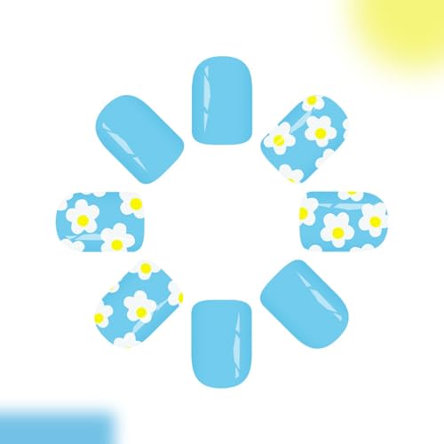 Image of 24Pcs Blue Press on Nails Flower Fake Nails Short Square False Nail Spring Floral with Design Glossy Full Cover Stick on Nail for Women Manicure