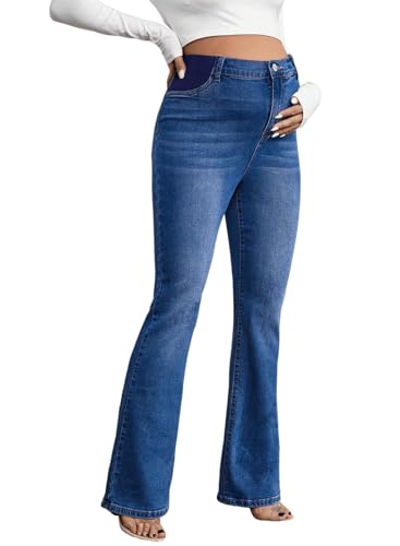 BLENCOT Women Maternity Jeans Bootcut Stretchy High Rise Denim Flare Leg Pants for Pregnancy Skinny Jean with Pockets Work Summer Spring Casual Dark Blue Medium