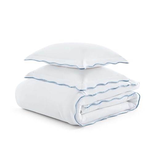 Image of Martha Stewart - Twin Comforter Set, Crisp & Smooth Bedding with a Cotton Percale Lightweight Feel, Reversible 2 Piece Bed Set with Matching Pillowcase (Simple Scallop Blue)