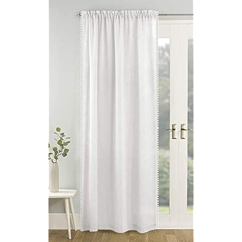 Tyrone Textiles Ltd Tahiti White Pom Pom Trim Linen Look Voile Panel (Drop - 90" (229cm)) Cover