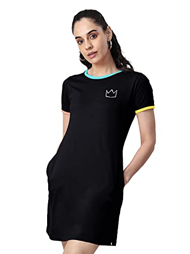 Image of The Souled Store |Queen Round Neck Womens and Girls Long T-Shirt | Graphic Printed Half Sleeve | 100% Cotton Black Color Pocket T-Shirt