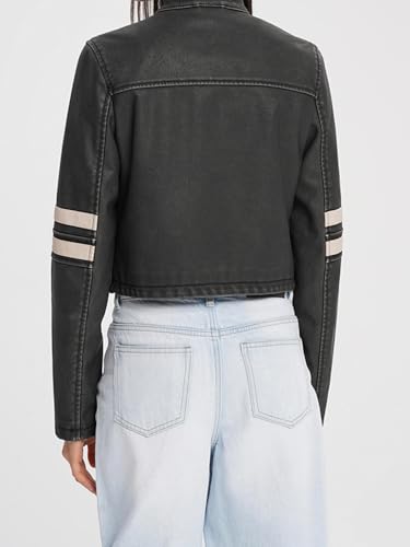 Wuitrie Womens Faux Leather Jacket Color Block Cropped Jacket Long Sleeve Zipper Motorcycle Jacket Vintage Coat Streetwear3