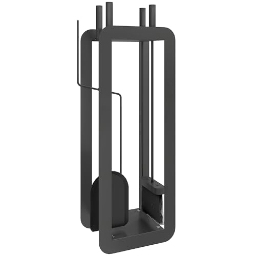 Outsunny 5 Pieces Fireplace Companion Set, Metal Fireplace Accessories Fireside Companion Set with Brush, Shovel, Poker, A Pair of Tongs, Stand, Black