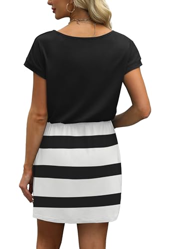 Image of OFEEFAN Summer Dresses for Women 2026 V Neck T Shirt Casual Mini Dresses Tie Waist Sundresses with Pockets