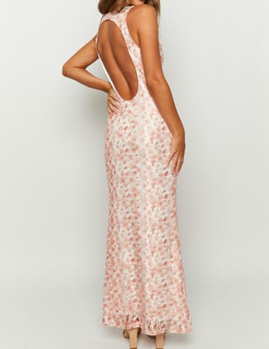 Image of Elegant Lace Floral V Neck Backless Bodycon Dresses for Women Sexy Cut Out Low Back Sleeveless Maxi Dress Wedding Guest