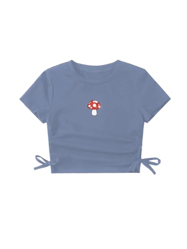 Image of SHENHE Girl's Mushroom Print Short Sleev Crop Tops Ruched Drawstring Tee T Shirts