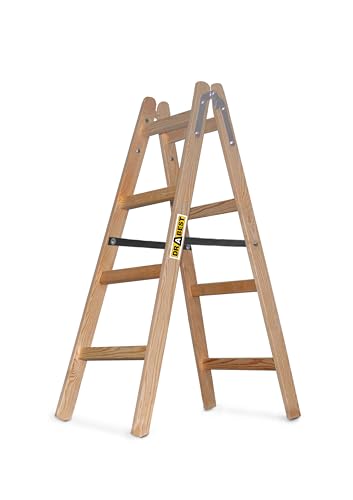DRABEST - Holzleiter - für Malerarbeiten - 2X 4 Sprossen - m lang - bis 150 kg - Arbeitshöhe 1,24m 2,7 m - Klappbar - Tritt-, Bock-, Stehleiter - Beidseitig Begehbar, Imprägniert - mit Eimerhaken