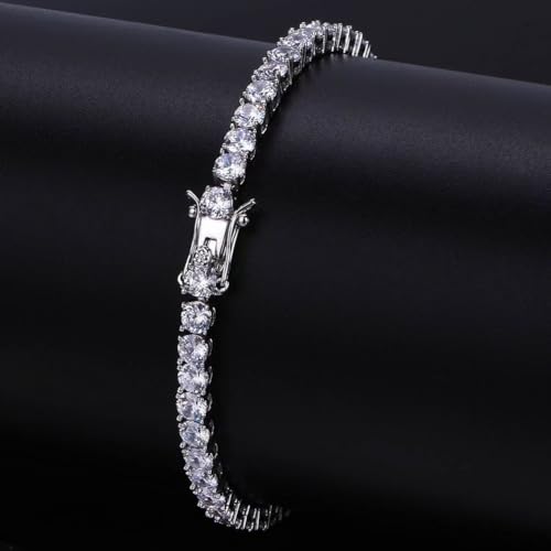 18K White Gold Plated 3mm Round CZ Classic Tennis Bracelet for Women and Men Diamond Chain Sizes 6-9 Inches 4 Prong3