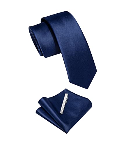 Image of YourTies Skinny Ties for Men Satin 2.4 inch Slim Necktie with Pocket Square Tie Clip Set Solid Color Wedding Party Business