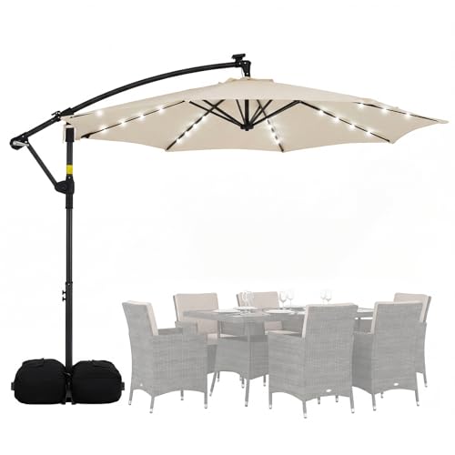 GOPLUS Parasol Deporte 3x3M avec 32 LED Solaire, Grand Parasol de Jardin Exterieur avec Pied pour 4-6 Personnes, Rotatif 360°, 8 Baleines, Manivelle, pour...
