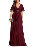Ever-Pretty Women's Chiffon A-Line Ruched Short Sleeves Applique Waist V Neck Formal Dresses and Evening Gowns Burgundy US14
