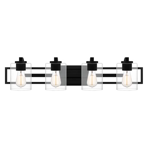 Image of Quoizel Lansdowne Modern Bath Vanity Lights, 32 Inch 4-Light Matte Black Lighting Fixtures Over Mirror, Clear Glass Shade, 100W, Decorative Wall Light for Bathroom, Dresser, Kitchen or Hallway