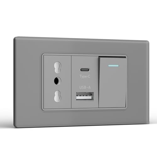 BSEED Presa, Prese Elettriche da Muro con Interruttore 1 Gang 2 Vie e Presa USB A e USB C, Spina 118m per Ufficio Casa, Grigio