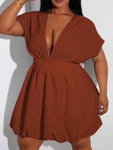 Image of WDIRARA Women's Plus Size Deep V Neck Bubble Dress Short Sleeve A Line Mini Dresses