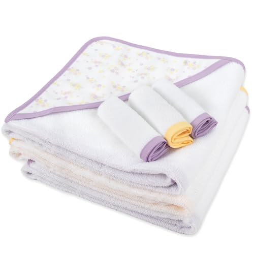 Image of Jessica Simpson Baby 6-Piece Hooded Towel & Washcloth Set - Soft Polyester Baby Bath Towels - Butterfly & Lavender Floral Prints